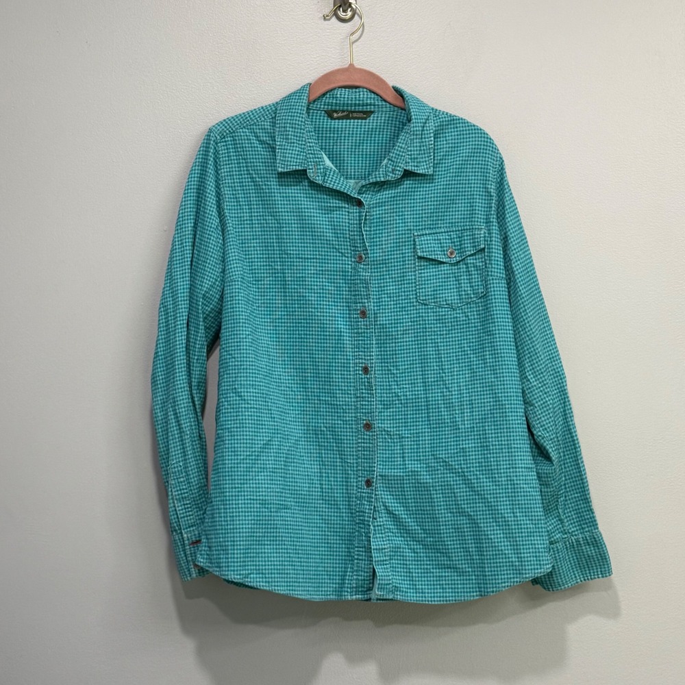 Woolrich Womens Deep Aqua Gingham Corduroy Button Down Shirt cabin large